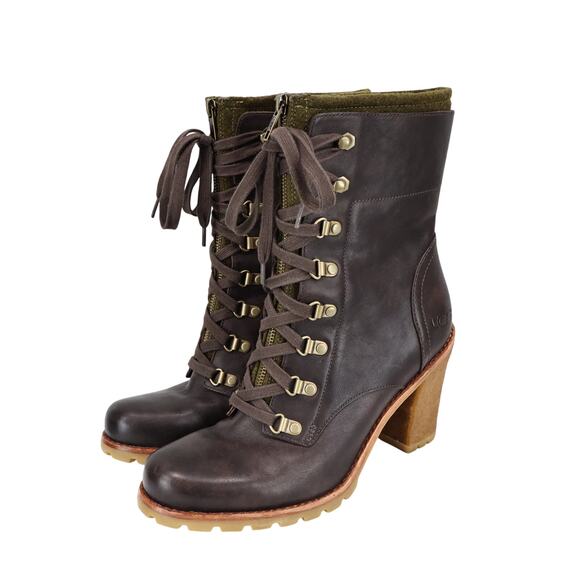 UGG Fabrice High Heel Leather Ankle Boot Brown Olive Size US 9 EU 40 - Picture 1 of 13